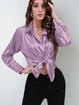 Satin shirt women's imitation silk long sleeve solid color tops elegant button front lapel shirt - Negative Apparel