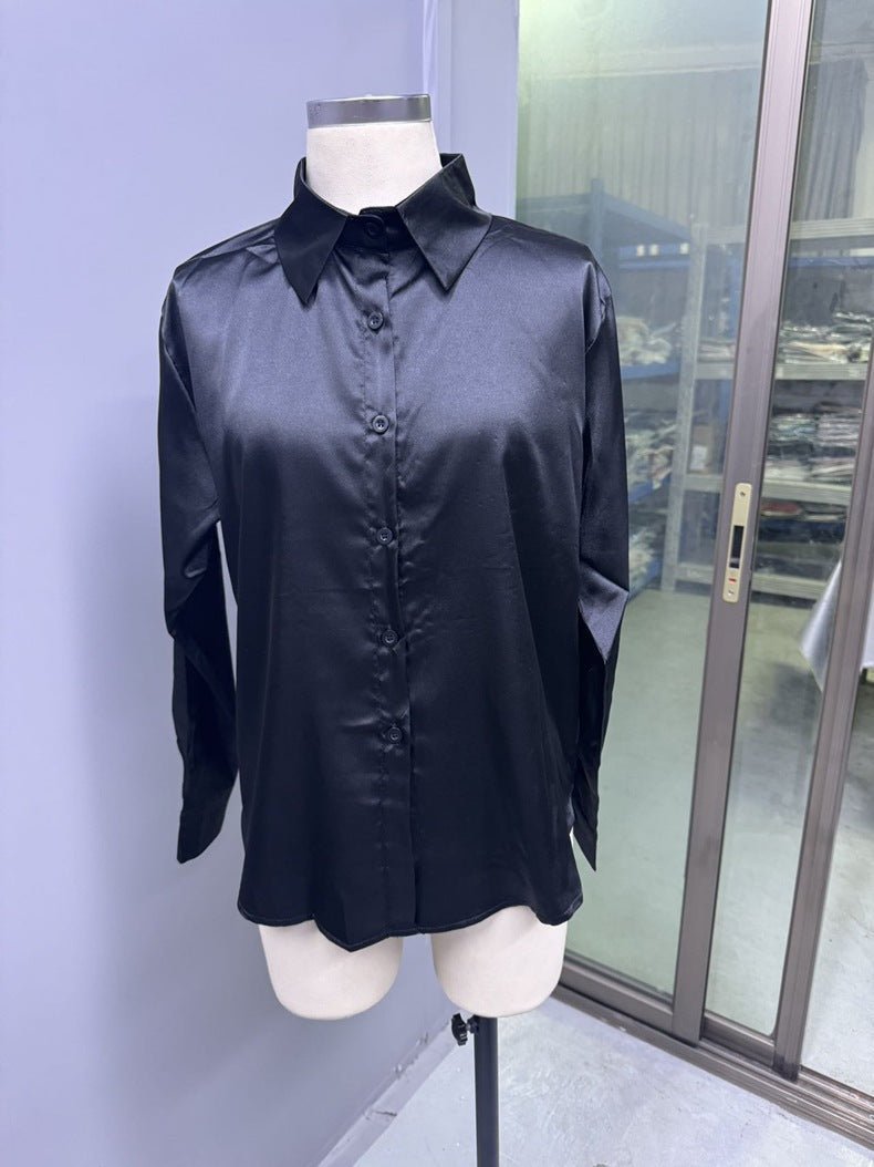 Satin shirt women's imitation silk long sleeve solid color tops elegant button front lapel shirt - Negative Apparel