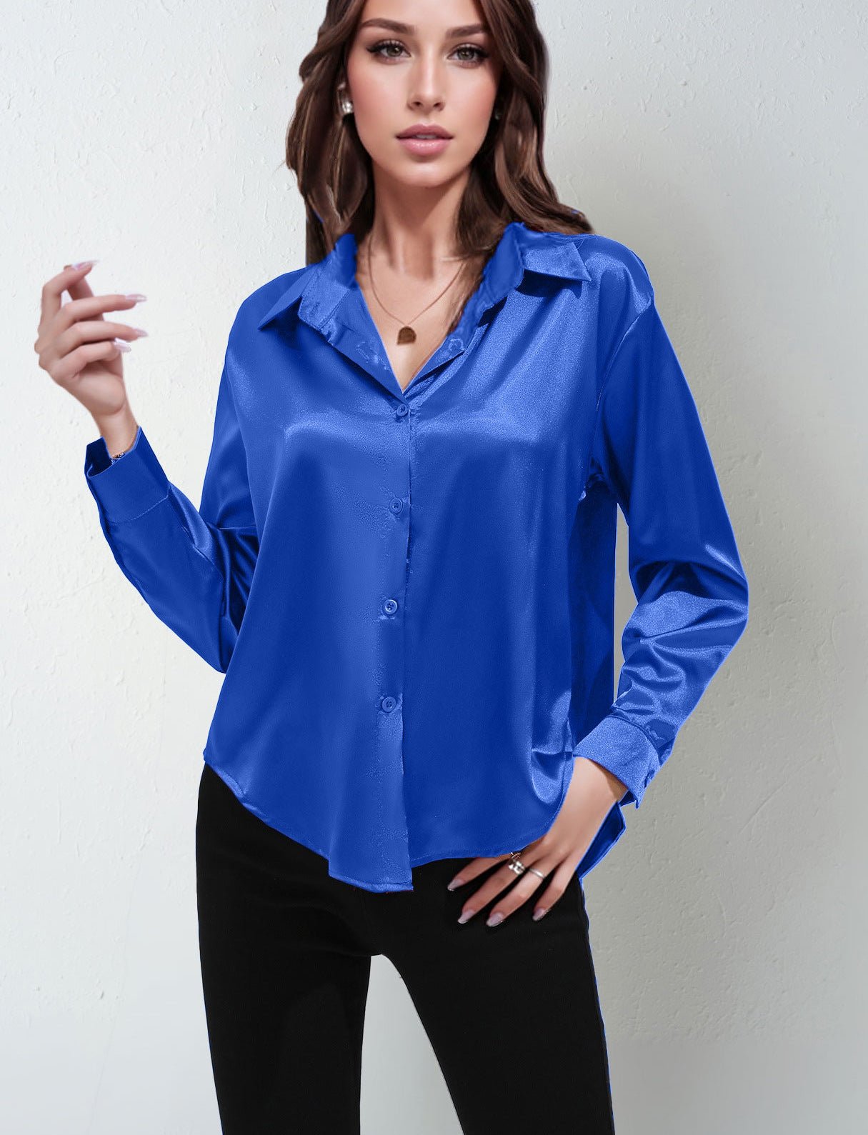 Satin shirt women's imitation silk long sleeve solid color tops elegant button front lapel shirt - Negative Apparel