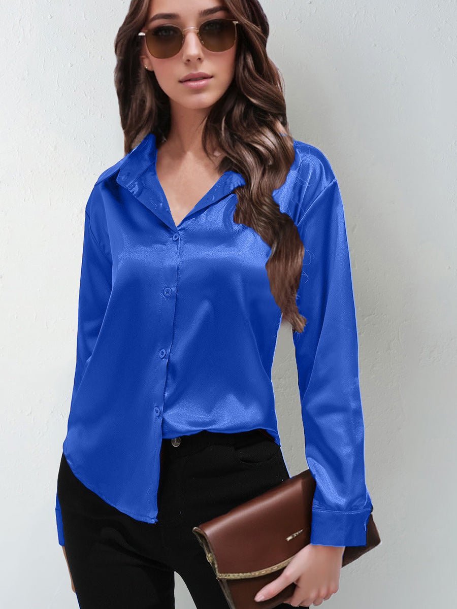 Satin shirt women's imitation silk long sleeve solid color tops elegant button front lapel shirt - Negative Apparel