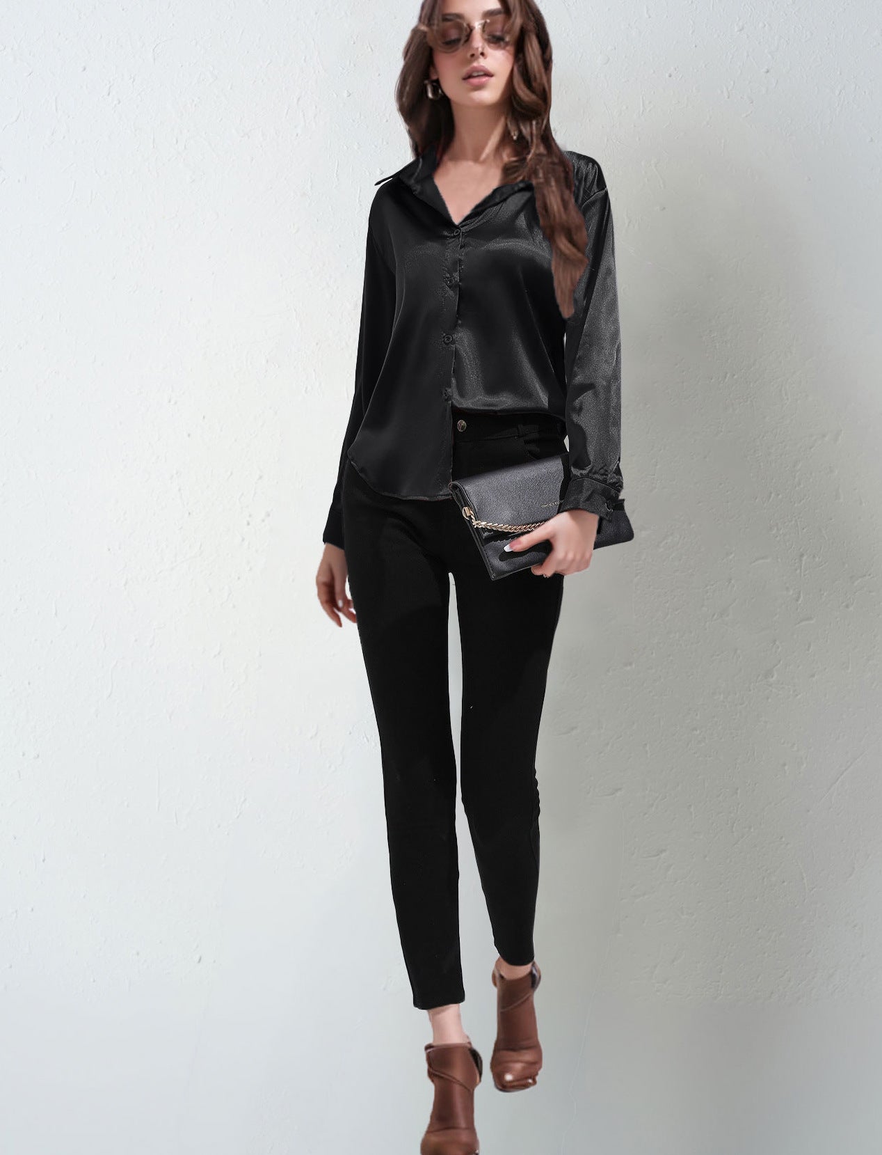 Satin shirt women's imitation silk long sleeve solid color tops elegant button front lapel shirt - Negative Apparel