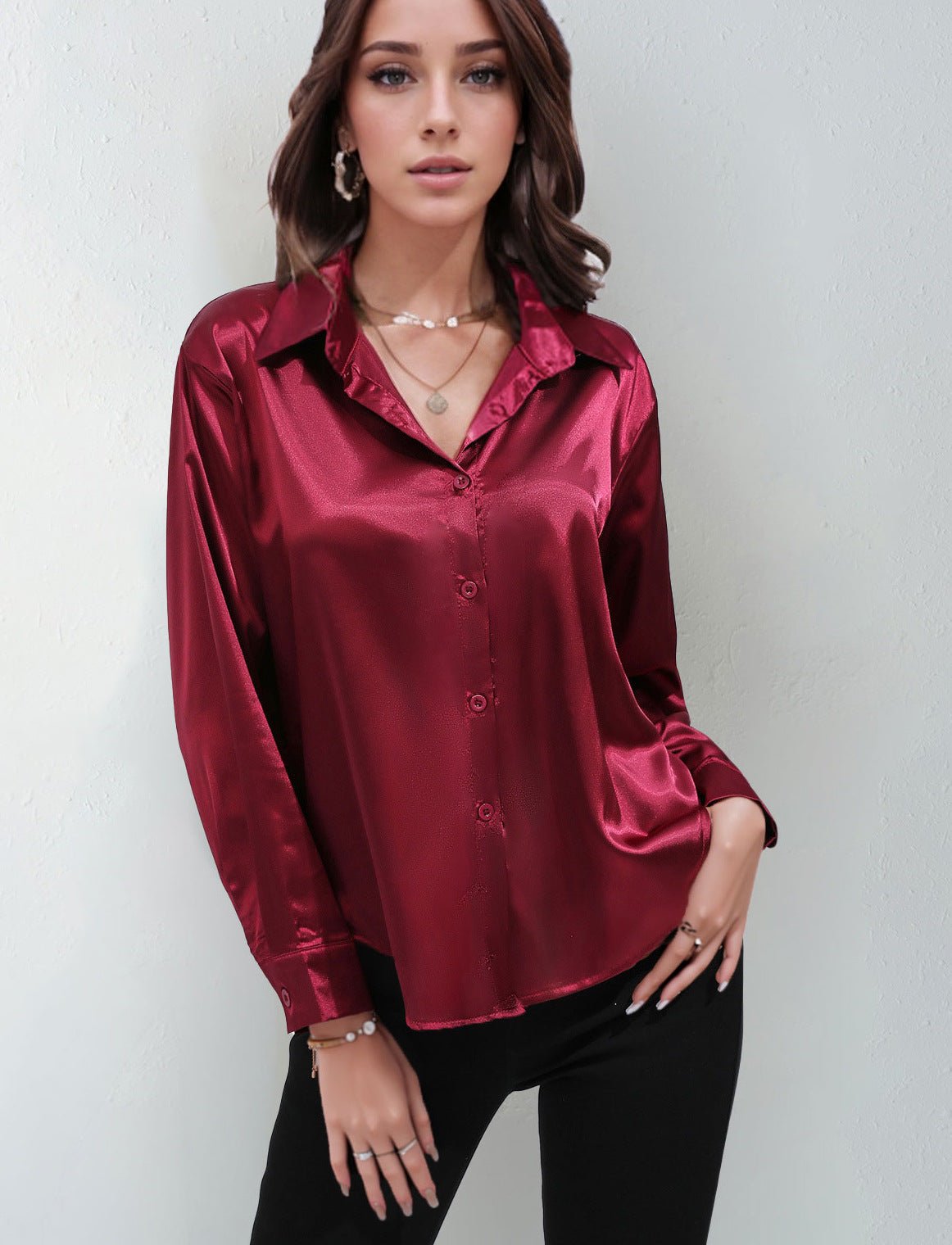 Satin shirt women's imitation silk long sleeve solid color tops elegant button front lapel shirt - Negative Apparel