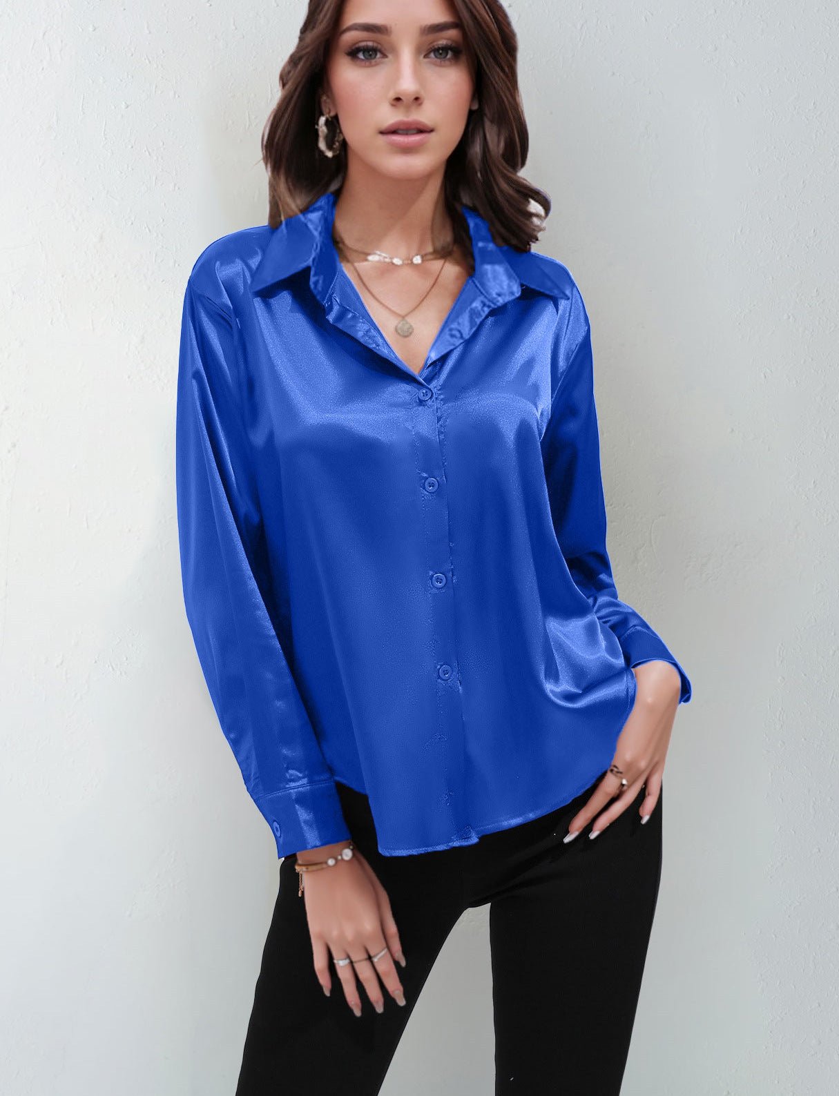 Satin shirt women's imitation silk long sleeve solid color tops elegant button front lapel shirt - Negative Apparel