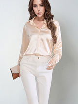 Satin shirt women's imitation silk long sleeve solid color tops elegant button front lapel shirt - Negative Apparel
