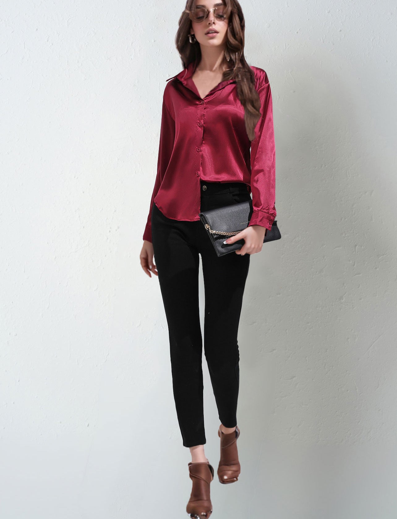 Satin shirt women's imitation silk long sleeve solid color tops elegant button front lapel shirt - Negative Apparel