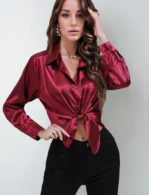 Satin shirt women's imitation silk long sleeve solid color tops elegant button front lapel shirt - Negative Apparel