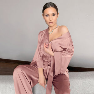 Satin Silk Cardigan Lace - up Nightgown Solid Color - Negative Apparel