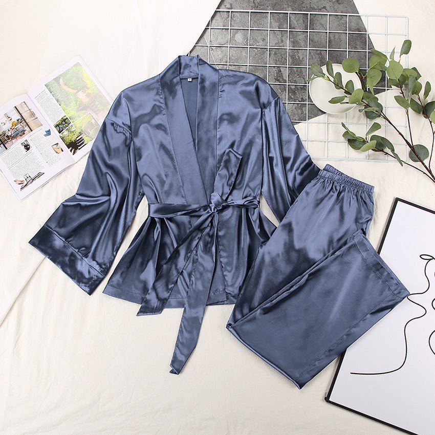 Satin Silk Cardigan Lace - up Nightgown Solid Color - Negative Apparel