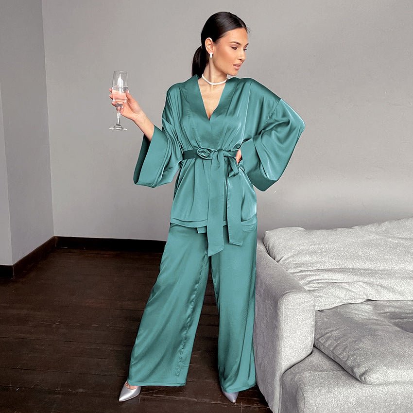 Satin Silk Cardigan Lace - up Nightgown Solid Color - Negative Apparel