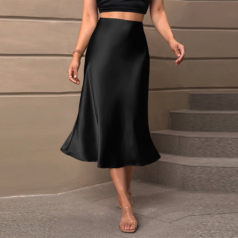 Satin silk skirt 2025 spring and summer elegant style polyester medium length A - shaped skirt - Negative Apparel