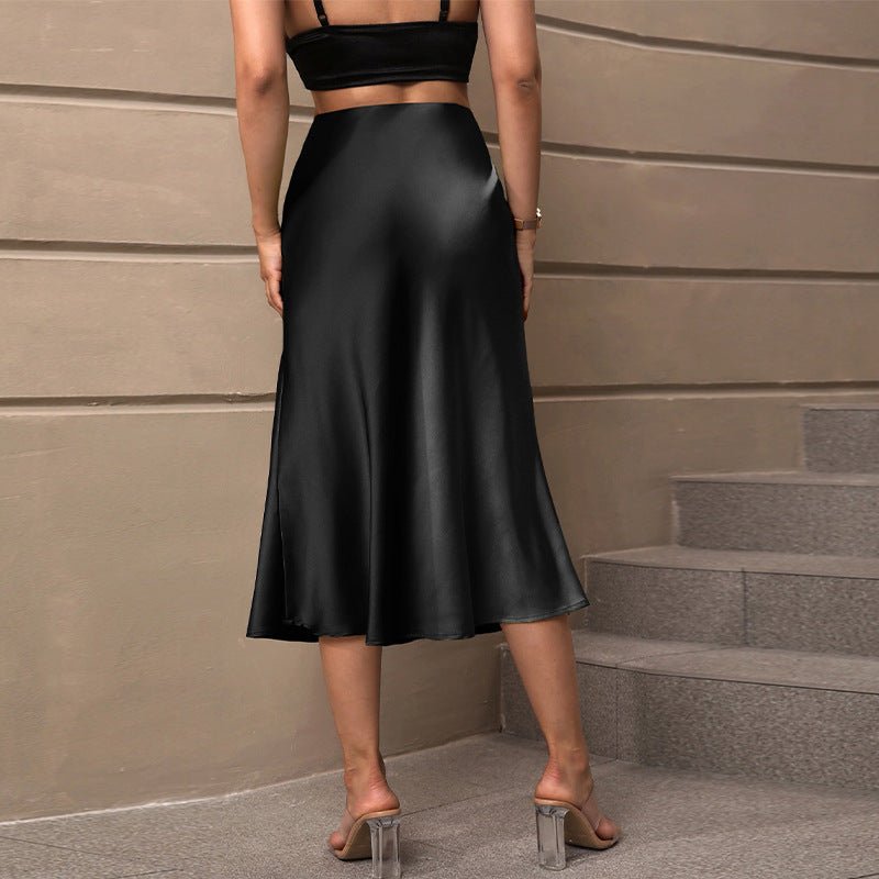 Satin silk skirt 2025 spring and summer elegant style polyester medium length A - shaped skirt - Negative Apparel