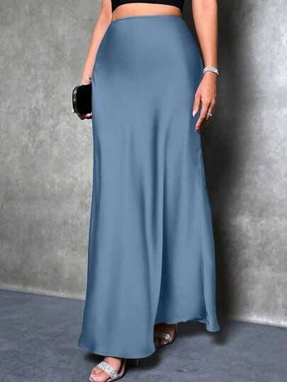 satin skirt spring and summer new simple imitation silk long skirt women's clothing - Negative Apparel