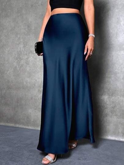 satin skirt spring and summer new simple imitation silk long skirt women's clothing - Negative Apparel
