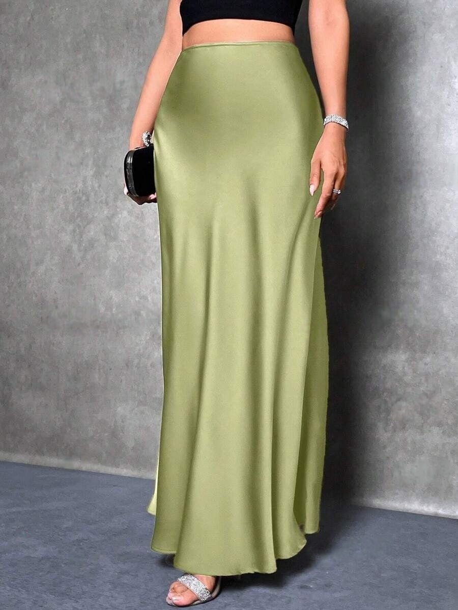 satin skirt spring and summer new simple imitation silk long skirt women's clothing - Negative Apparel
