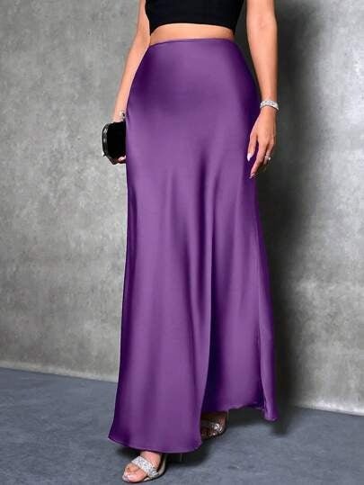 satin skirt spring and summer new simple imitation silk long skirt women's clothing - Negative Apparel