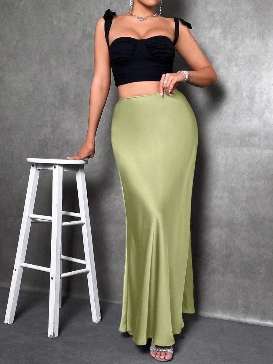 satin skirt spring and summer new simple imitation silk long skirt women's clothing - Negative Apparel