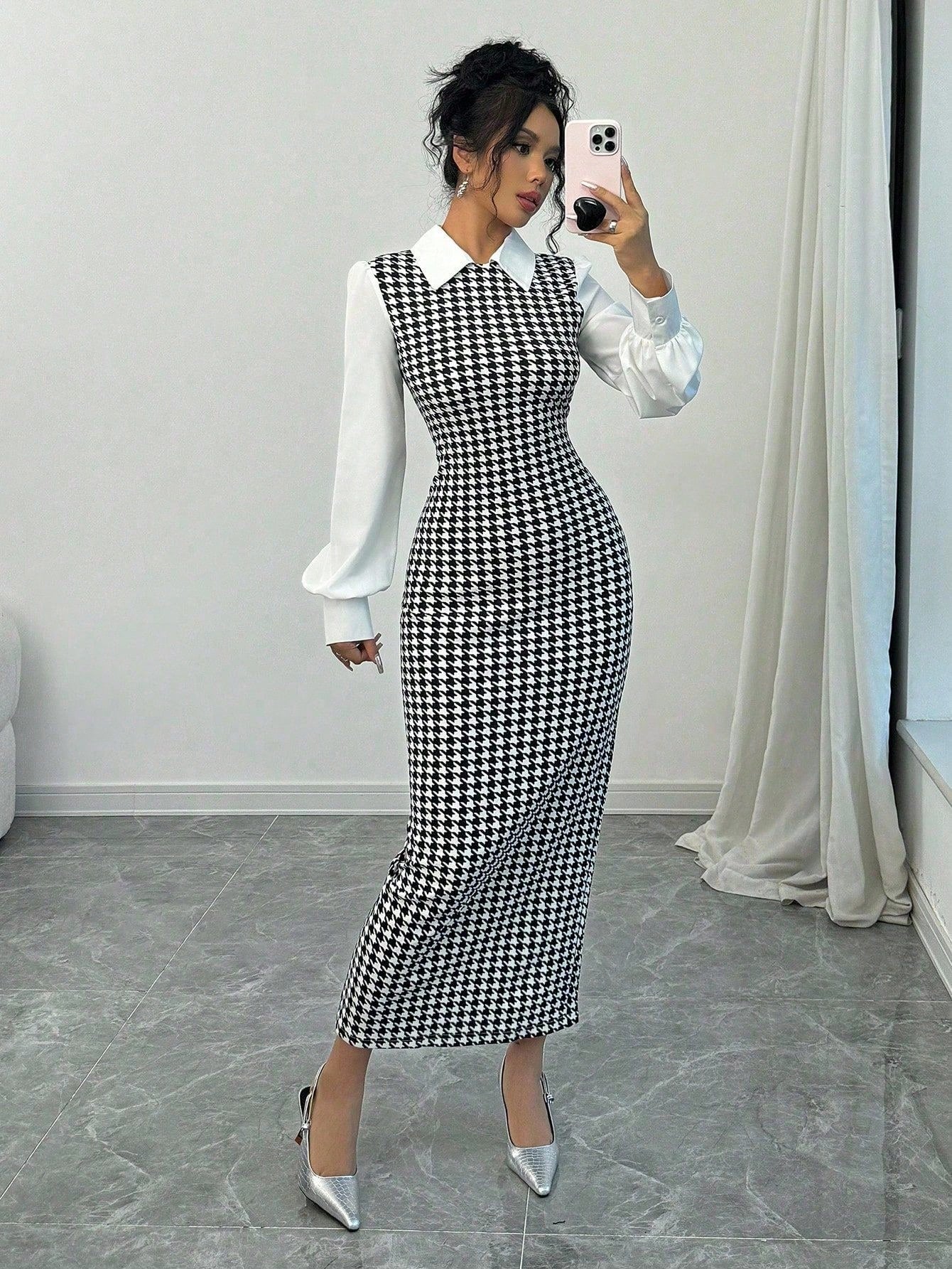 Selianne Fashionable Elegant Slim Long Patchwork Puff Sleeve Collar Houndstooth Pattern Fabric Women's Long Dress, Autumn/Winter Maxi Women Outfit Fall Cloth For Women - Negative Apparel