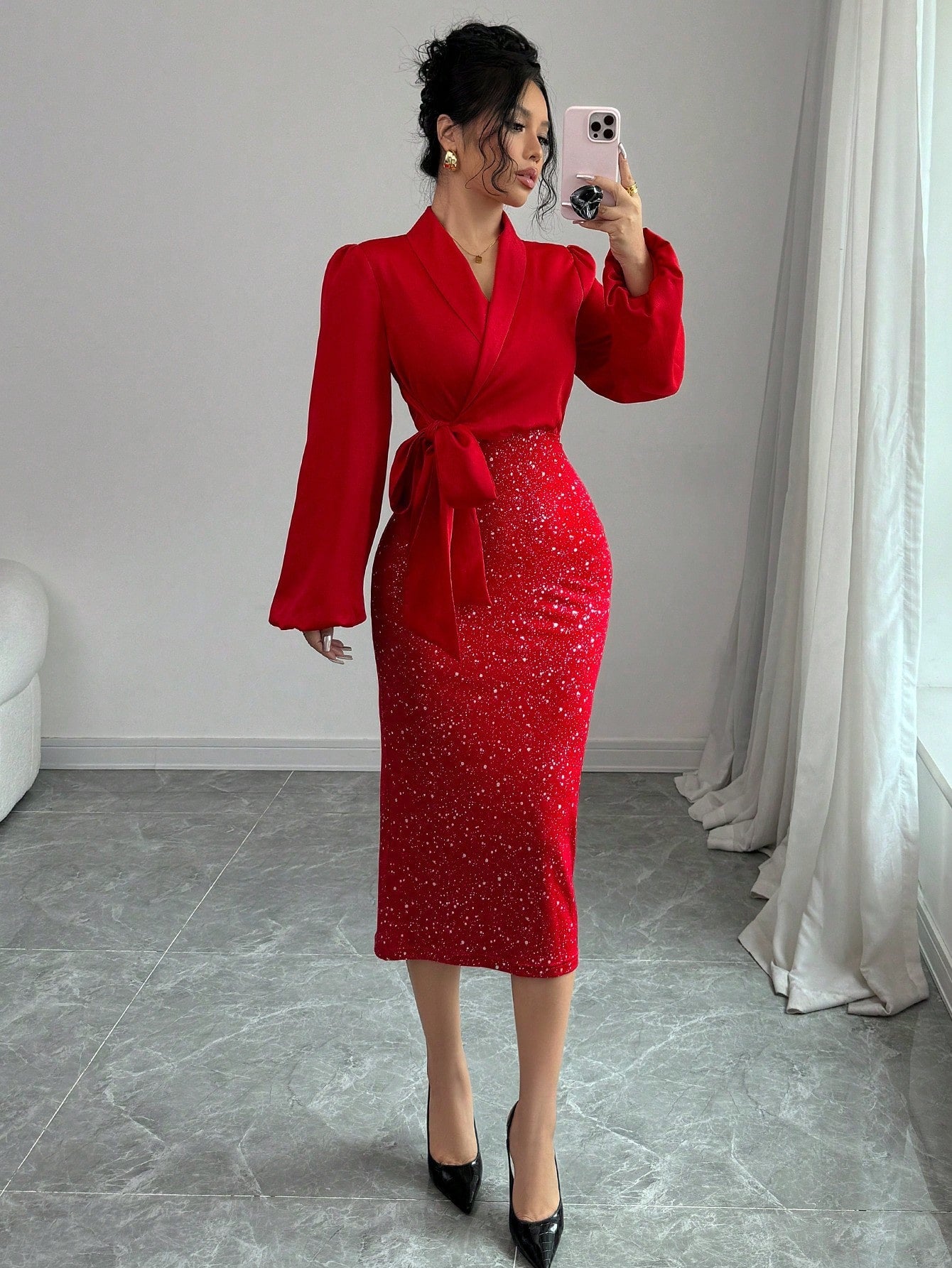 Selianne V - Neck Foil Patchwork Tied Waist Women Elegant Bodycon Dress For New Year Clothes Maxi Women Outfit Fall Cloth For Women FD - Negative Apparel