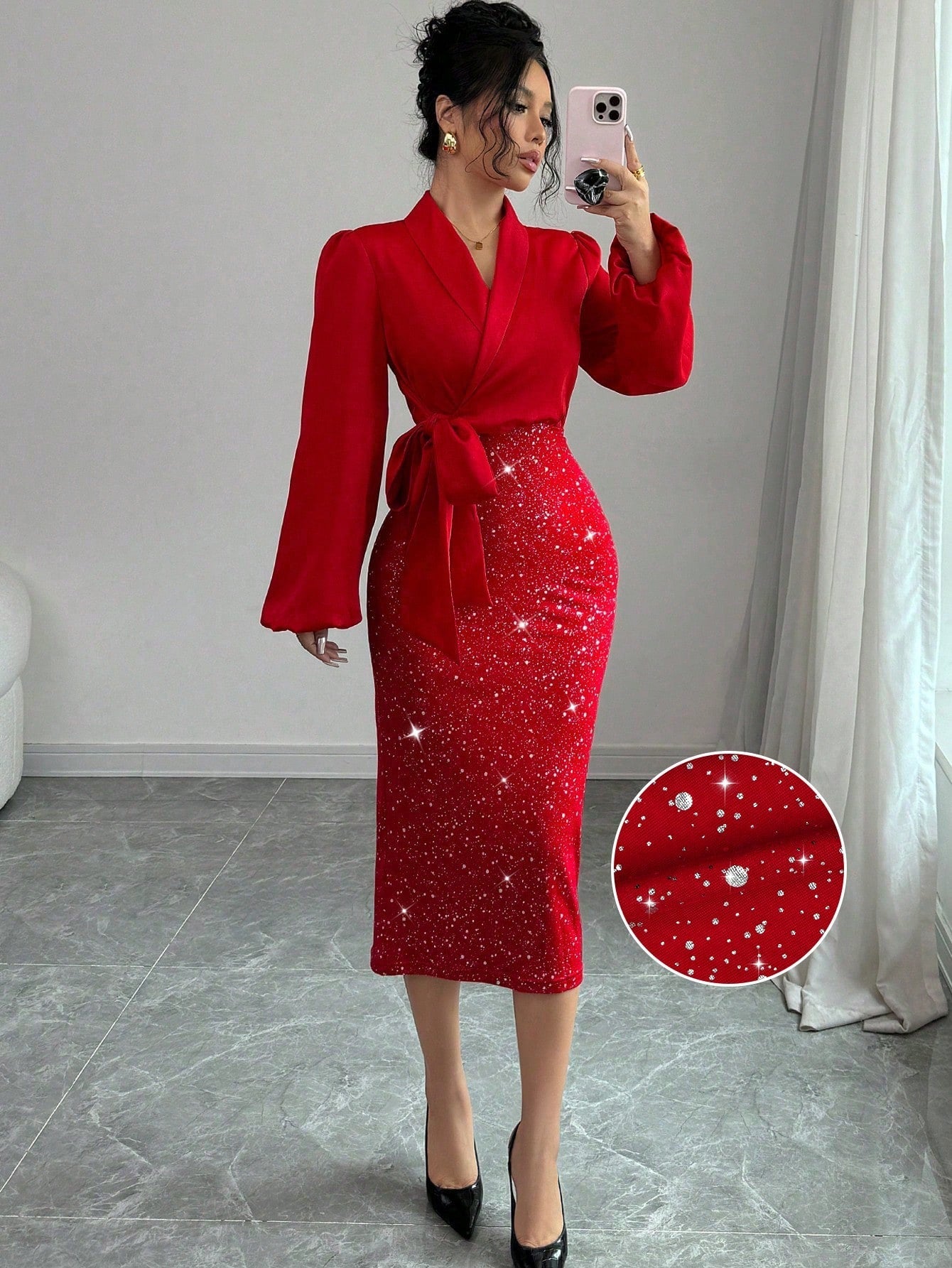 Selianne V - Neck Foil Patchwork Tied Waist Women Elegant Bodycon Dress For New Year Clothes Maxi Women Outfit Fall Cloth For Women FD - Negative Apparel