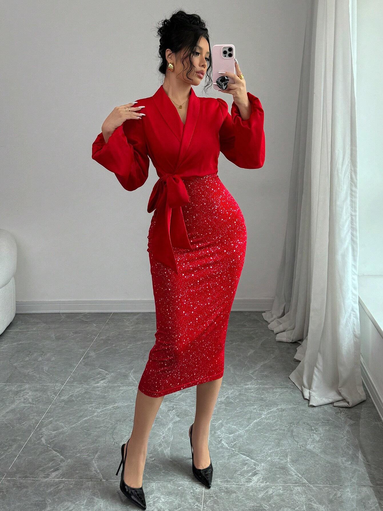 Selianne V - Neck Foil Patchwork Tied Waist Women Elegant Bodycon Dress For New Year Clothes Maxi Women Outfit Fall Cloth For Women FD - Negative Apparel