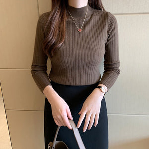Semi - turtleneck bottoming shirt women's inner thin autumn and winter new foreign style short sweater long - sleeved knitted sweater middle collar top - Negative Apparel