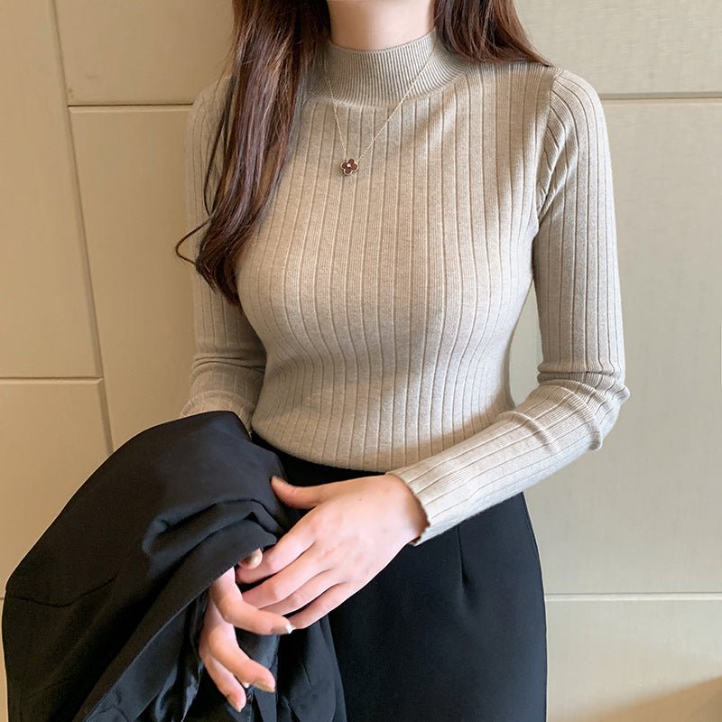 Semi - turtleneck bottoming shirt women's inner thin autumn and winter new foreign style short sweater long - sleeved knitted sweater middle collar top - Negative Apparel