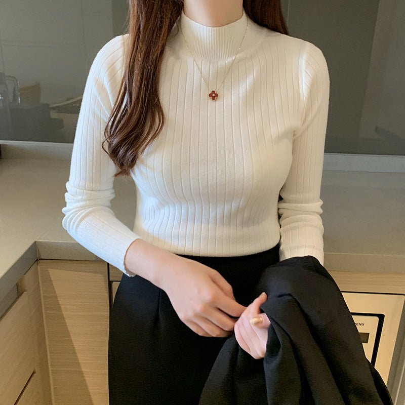 Semi - turtleneck bottoming shirt women's inner thin autumn and winter new foreign style short sweater long - sleeved knitted sweater middle collar top - Negative Apparel