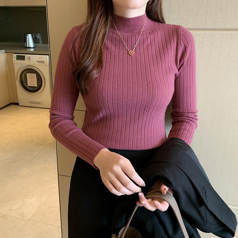 Semi - turtleneck bottoming shirt women's inner thin autumn and winter new foreign style short sweater long - sleeved knitted sweater middle collar top - Negative Apparel