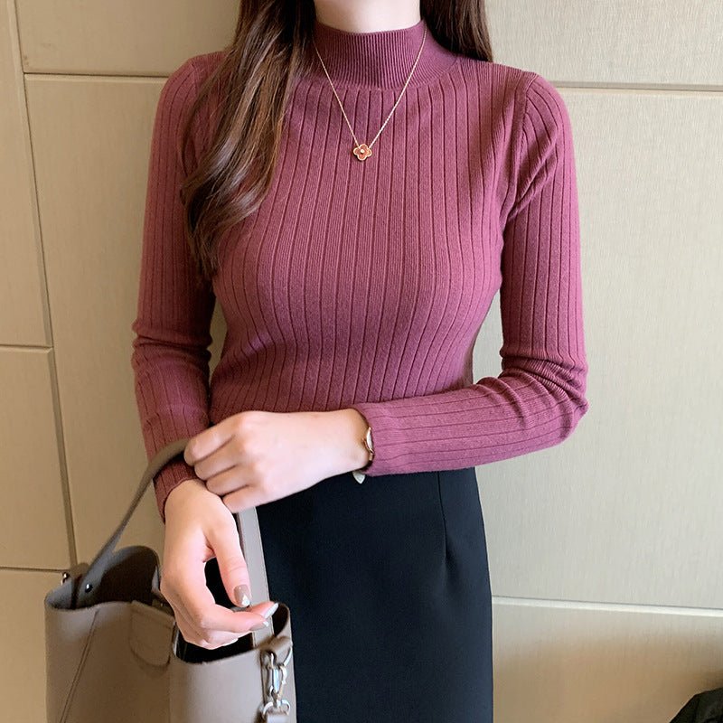 Semi - turtleneck bottoming shirt women's inner thin autumn and winter new foreign style short sweater long - sleeved knitted sweater middle collar top - Negative Apparel