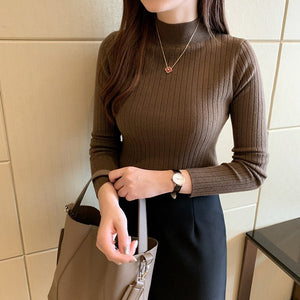 Semi - turtleneck bottoming shirt women's inner thin autumn and winter new foreign style short sweater long - sleeved knitted sweater middle collar top - Negative Apparel