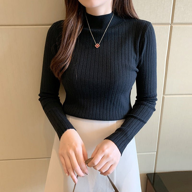 Semi - turtleneck bottoming shirt women's inner thin autumn and winter new foreign style short sweater long - sleeved knitted sweater middle collar top - Negative Apparel
