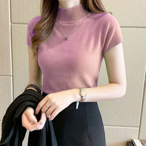 Semi - turtleneck bottoming shirt women's short - sleeved knitted sweater with tight sweater vest - Negative Apparel
