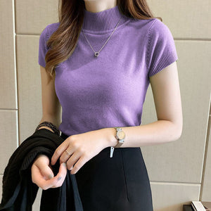 Semi - turtleneck bottoming shirt women's short - sleeved knitted sweater with tight sweater vest - Negative Apparel