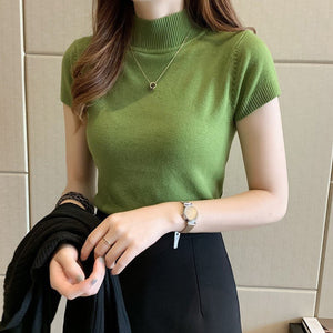 Semi - turtleneck bottoming shirt women's short - sleeved knitted sweater with tight sweater vest - Negative Apparel