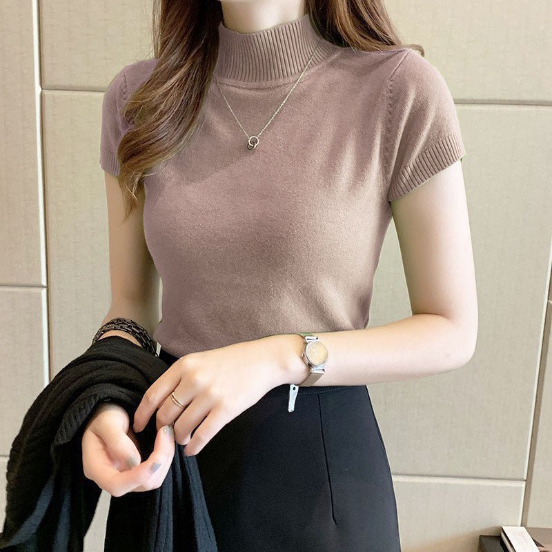 Semi - turtleneck bottoming shirt women's short - sleeved knitted sweater with tight sweater vest - Negative Apparel
