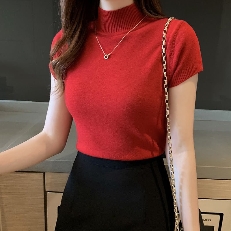 Semi - turtleneck bottoming shirt women's short - sleeved knitted sweater with tight sweater vest - Negative Apparel