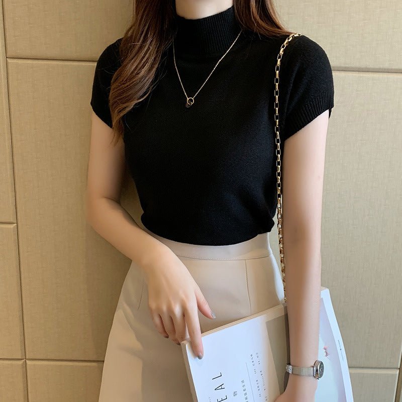 Semi - turtleneck bottoming shirt women's short - sleeved knitted sweater with tight sweater vest - Negative Apparel