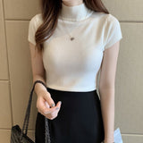 Semi - turtleneck bottoming shirt women's short - sleeved knitted sweater with tight sweater vest - Negative Apparel