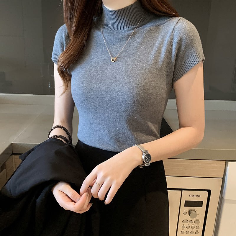 Semi - turtleneck bottoming shirt women's short - sleeved knitted sweater with tight sweater vest - Negative Apparel