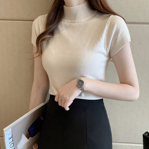 Semi - turtleneck bottoming shirt women's short - sleeved knitted sweater with tight sweater vest - Negative Apparel