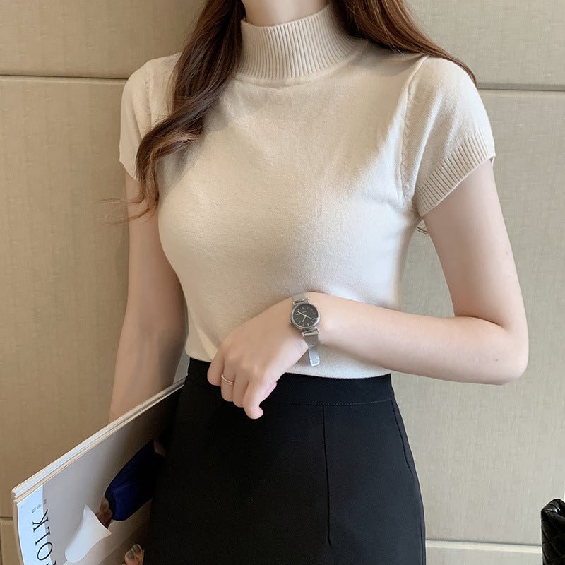 Semi - turtleneck bottoming shirt women's short - sleeved knitted sweater with tight sweater vest - Negative Apparel