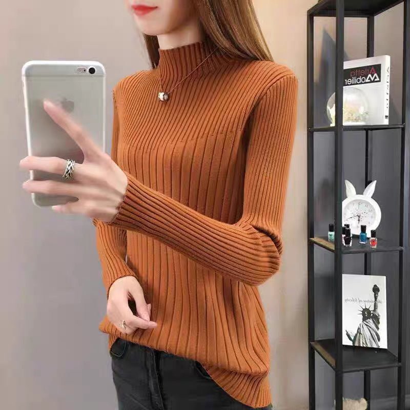 Semi - turtleneck bottoming sweater women's autumn and winter new foreign style slim - fitting inner and outer wear medium neck knitted sweater long - sleeved top - Negative Apparel