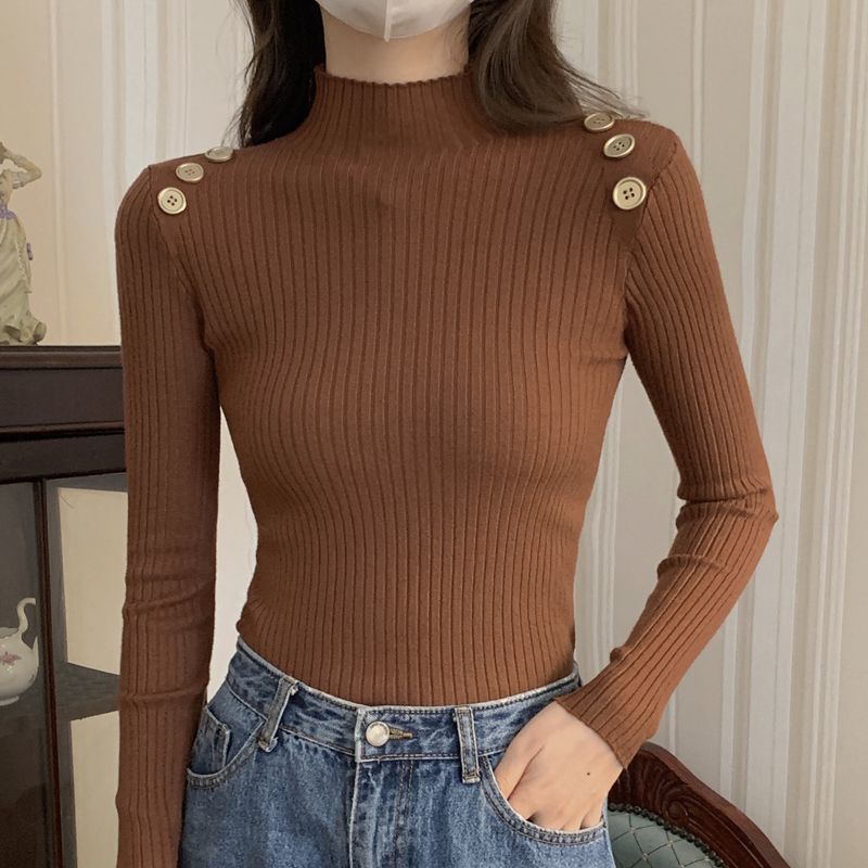 Semi - turtleneck knitted bottoming shirt women's autumn and winter 2025 new style inner pullover sweater women's slim button top - Negative Apparel