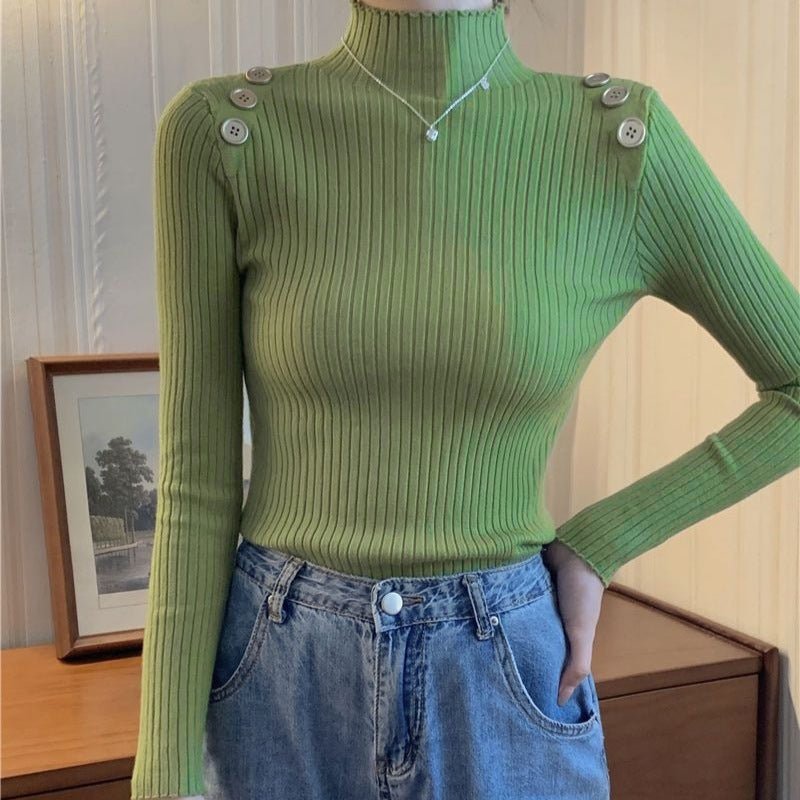 Semi - turtleneck knitted bottoming shirt women's autumn and winter 2025 new style inner pullover sweater women's slim button top - Negative Apparel
