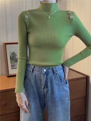 Semi - turtleneck knitted bottoming shirt women's autumn and winter 2025 new style inner pullover sweater women's slim button top - Negative Apparel