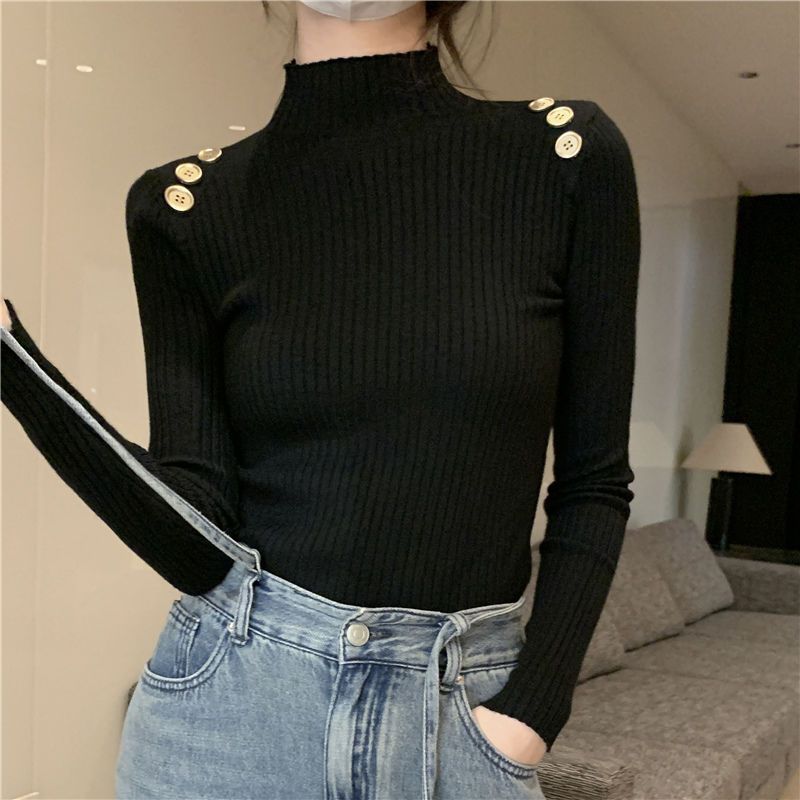Semi - turtleneck knitted bottoming shirt women's autumn and winter 2025 new style inner pullover sweater women's slim button top - Negative Apparel