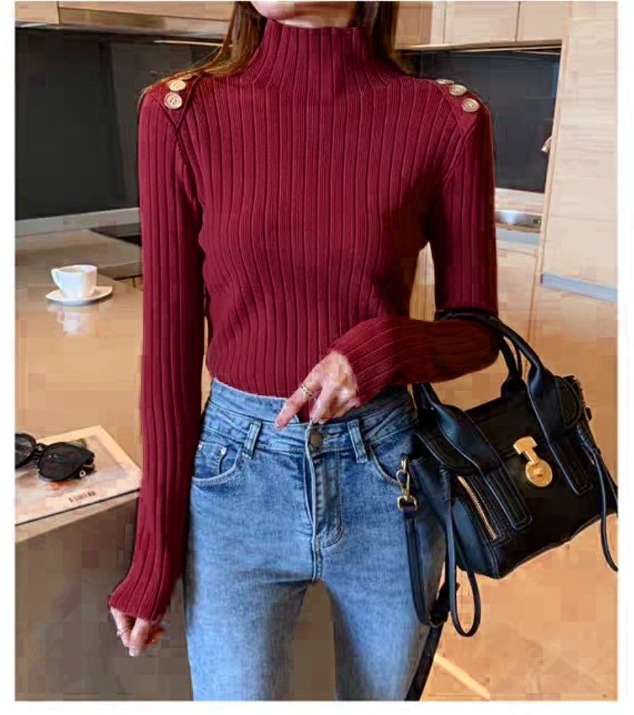 Semi - turtleneck knitted bottoming shirt women's autumn and winter 2025 new style inner pullover sweater women's slim button top - Negative Apparel