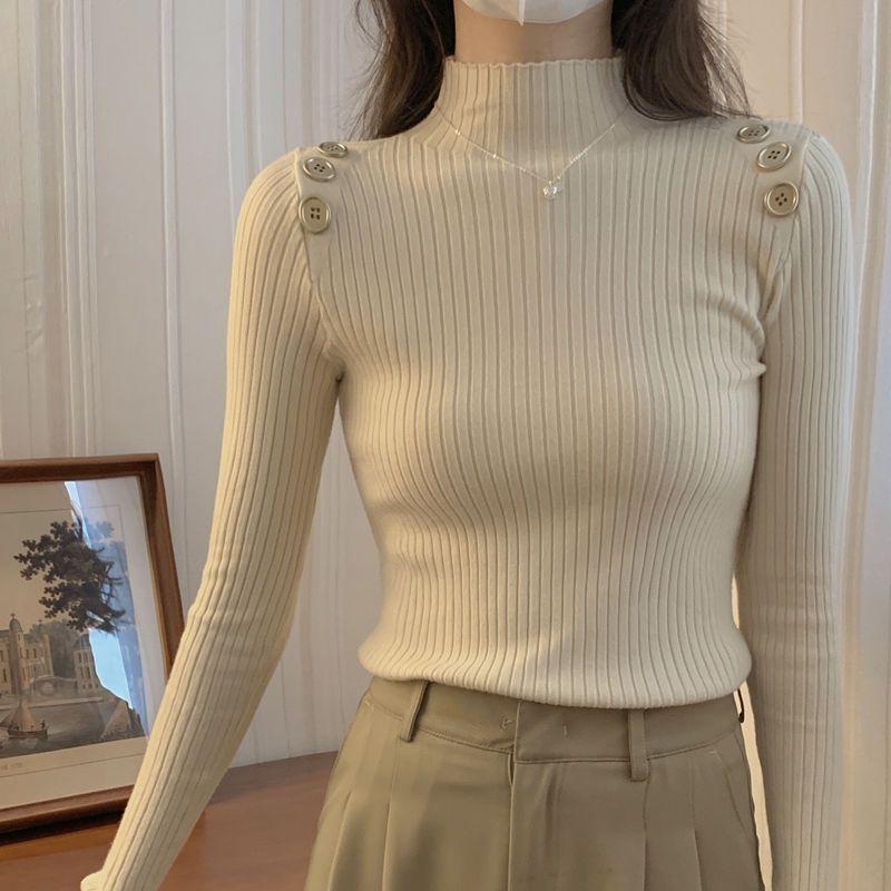 Semi - turtleneck knitted bottoming shirt women's autumn and winter 2025 new style inner pullover sweater women's slim button top - Negative Apparel