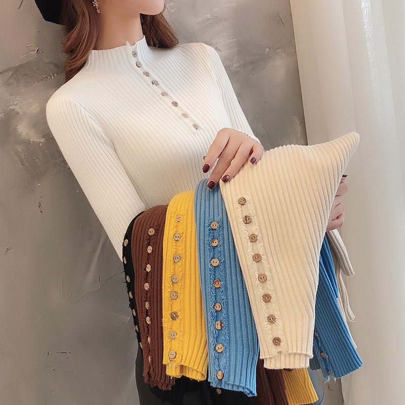 Semi - turtleneck sweater women's long - sleeved inner bottoming shirt autumn 2022 new pullover middle collar slim - fit button - up knitted sweater - Negative Apparel