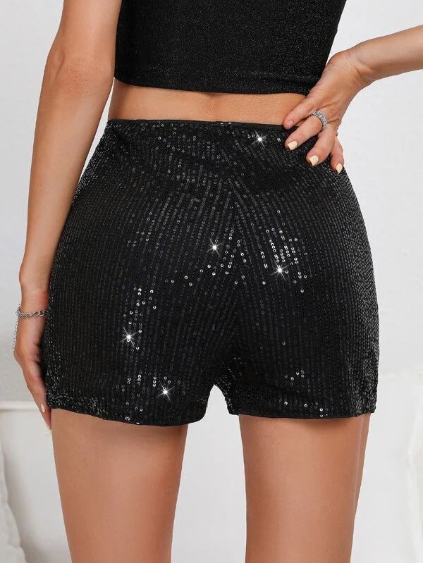 Sequin Slim Hot Shorts Solid Black Mid - Waist Sexy Straight Shorts - Negative Apparel